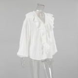 White V-Neck Ruffled Cotton Blouse for Women