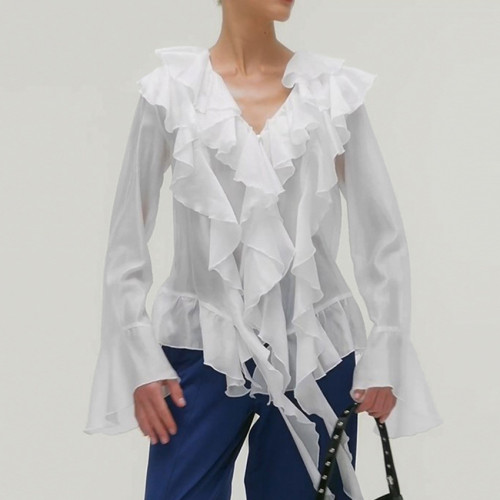 Tencel V-Neck Flared Sleeve Blouse with Ruffled Hem