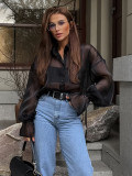 Sheer Black Mesh Lantern Sleeve Shirt for Women