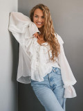 V-Neck White Loose Fit Chiffon Blouse with Ruffled Sleeves