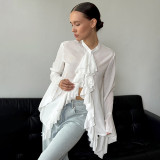 Round Neck Bell Sleeve Ruffled Design Sheer Blouse