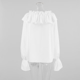 V-Neck White Loose Fit Chiffon Blouse with Ruffled Sleeves