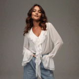 Ruffled Cardigan with Tie Design