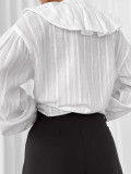 White V-Neck Ruffled Cotton Blouse for Women