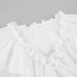 V-Neck White Loose Fit Chiffon Blouse with Ruffled Sleeves