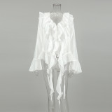 Tencel V-Neck Flared Sleeve Blouse with Ruffled Hem