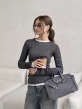 Sleek Solid Color Fitted Round Neck Bell Sleeve Top