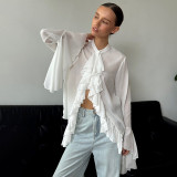 Round Neck Bell Sleeve Ruffled Design Sheer Blouse