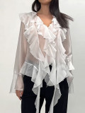 Tencel V-Neck Flared Sleeve Blouse with Ruffled Hem