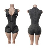 Slim Fit Stretch Denim Romper with Sleeveless