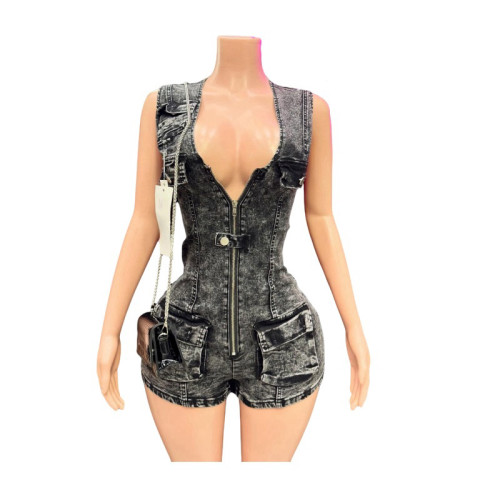 Slim Fit Stretch Denim Romper with Sleeveless