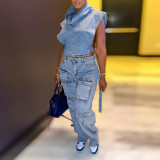 Multi-Pocket Work wear Denim Trousers with Stretch Fabric Pant Jeans Women