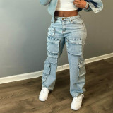Multi-Pocket Work wear Denim Trousers with Stretch Fabric Pant Jeans Women