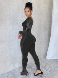 Stretch Cotton Ribbed One-Sleeve Bodysuit with Vintage Large Pockets