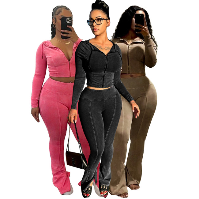 Water-Washed Distressed Hooded Bell-Bottom Pants Two-Piece Casual Set