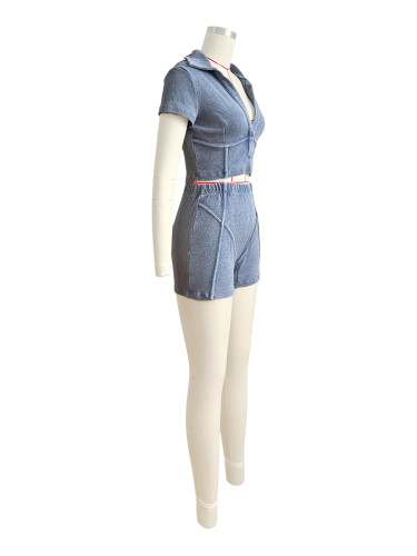 Cotton Ribbed Washed Set with Collar and Deep V-neck Short Sleeves