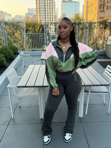 Sporty Chic Two-Piece Color Block Crop Top and High-Waisted Flare Pants Set