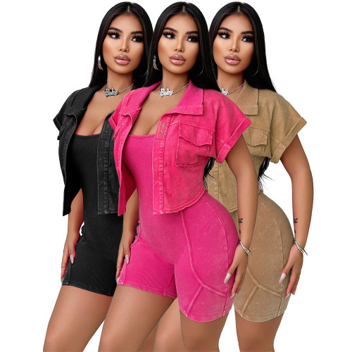Sleeveless Jumpsuit with Short Sleeve Jacket Vintage Wash Two-Piece Set