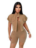 Sleeveless Jumpsuit with Short Sleeve Jacket Vintage Wash Two-Piece Set