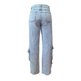 Multi-Pocket Work wear Denim Trousers with Stretch Fabric Pant Jeans Women