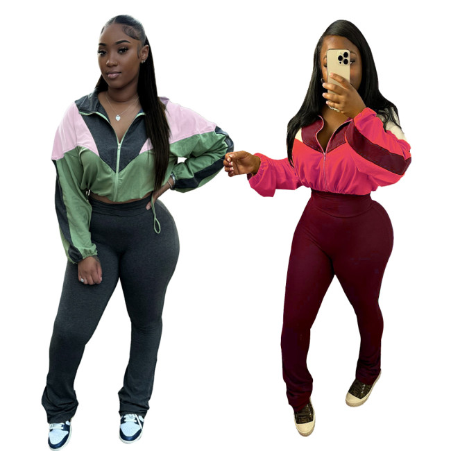 Sporty Chic Two-Piece Color Block Crop Top and High-Waisted Flare Pants Set