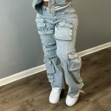 Multi-Pocket Work wear Denim Trousers with Stretch Fabric Pant Jeans Women