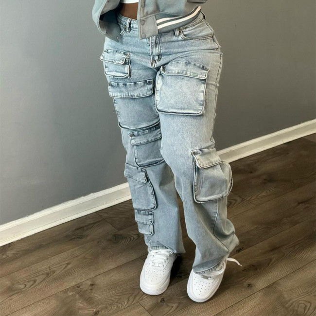 Multi-Pocket Work wear Denim Trousers with Stretch Fabric Pant Jeans Women