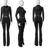 Water-Washed Distressed Hooded Bell-Bottom Pants Two-Piece Casual Set