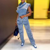 Multi-Pocket Work wear Denim Trousers with Stretch Fabric Pant Jeans Women