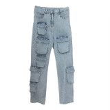 Multi-Pocket Work wear Denim Trousers with Stretch Fabric Pant Jeans Women