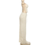Fashionable Halter Neck Backless Sexy Pleated Chiffon Maxi Dress Set