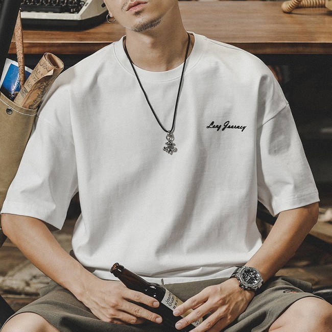 Men's Summer Loose-Fit Cotton Round Neck T-Shirt with Trendy Letter Print