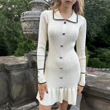 Collar Button-Up Knitted Long Sleeve Dress