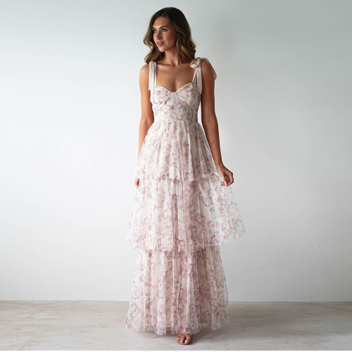 ihoov Spaghetti Strap Backless Floral Cake Dress in Pink