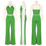 Color-Block V-Neck Zipper Sleeveless Split Pants Two-Piece Set