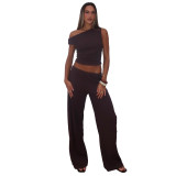 Bubble One-Shoulder Asymmetrical Ruffled Wide-Leg Pant Set