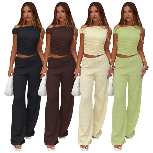 Bubble One-Shoulder Asymmetrical Ruffled Wide-Leg Pant Set