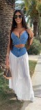 Ruffled Denim and Chiffon Long Pants Set with V-Neck