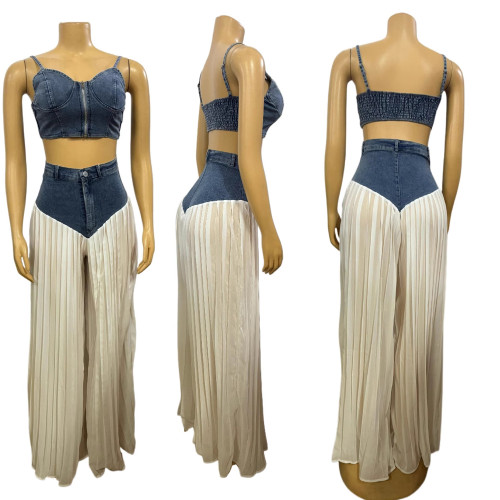 Ruffled Denim and Chiffon Long Pants Set with V-Neck