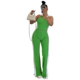 Color-Block V-Neck Zipper Sleeveless Split Pants Two-Piece Set