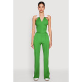 Color-Block V-Neck Zipper Sleeveless Split Pants Two-Piece Set