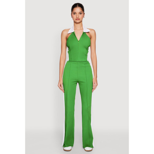 Color-Block V-Neck Zipper Sleeveless Split Pants Two-Piece Set