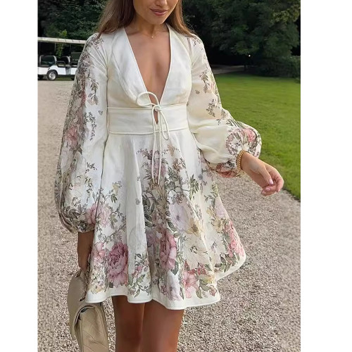 Elegant V-Neck Lantern Sleeve Printed Tie Waist Dress
