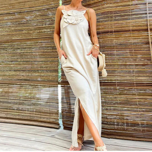 Floral Strapless Sleeveless Cotton-Linen Dress for Women