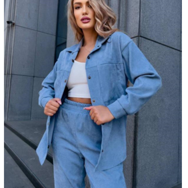 Warm Satin Metallic Button Long Sleeve Shirt & Calf-Length Pants Set