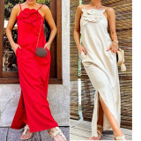Floral Strapless Sleeveless Cotton-Linen Dress for Women