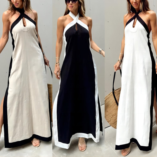 Cotton-Linen Backless Halter Split Elegant Dress