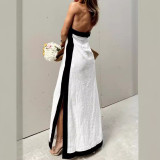 Cotton-Linen Backless Halter Split Elegant Dress