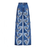 Blue Heart-Patterned Strapless Top / Trendy Stretchy Denim Pants with Hollow Embroidery and Heart Design