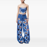 Blue Heart-Patterned Strapless Top / Trendy Stretchy Denim Pants with Hollow Embroidery and Heart Design